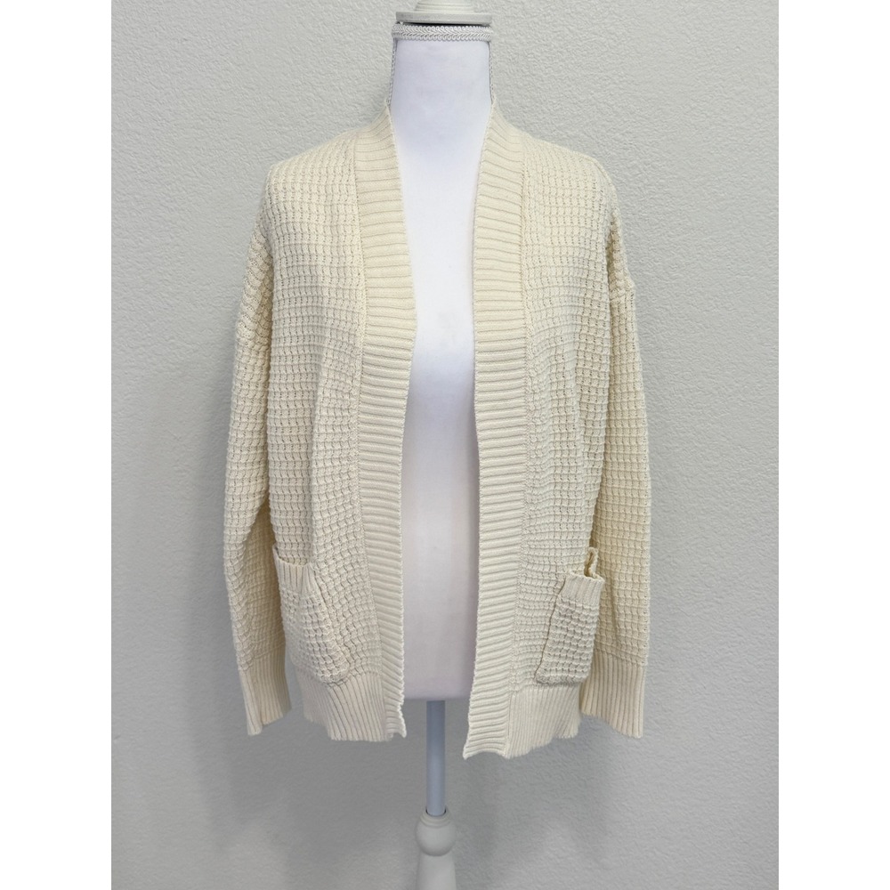 American Eagle Cream Waffle Knit Open Front Cardigan Sweater XS Ivory Pockets